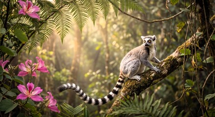 Obraz premium Ring-tailed Lemur on Tree Branch in Tropical Forest