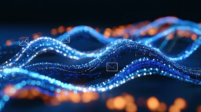 Illuminated blue digital waves flow, carrying abstract communication icons