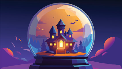 Spooky haunted house inside magical glass snow globe with halloween decoration supernatural atmospheric silhouette celebration mythical enchanted miniature illustration creative curiosity