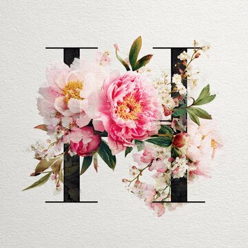 Elegant Floral Monogram Initial F M Watercolor Pink Peony Lettering Design