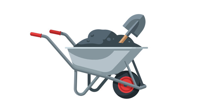 Wheelbarrow filled with soil and shovel illustration, isolated on white background. Flat vector icon for gardening, landscaping, and construction concepts.