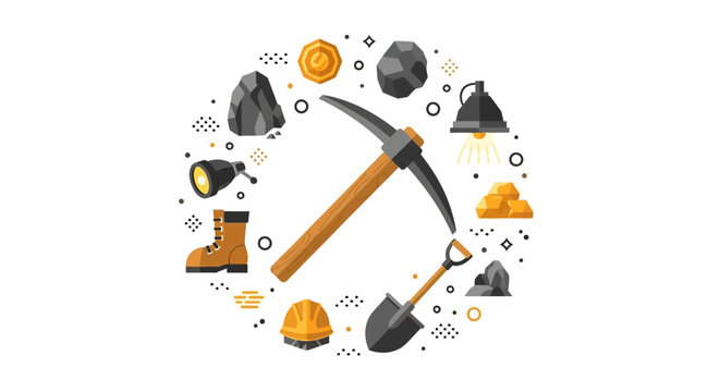 Mining Equipment and Industrial Tools Vector Illustration Set in Circle Arrangement