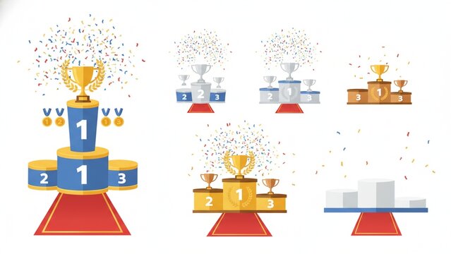 Various winner podiums with trophies and confetti a flat vector illustration representing success competition and achievement