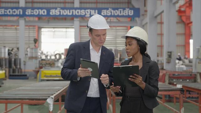 Senior businessman holding tablet with African American female partner hold clipboard discussing project in factory. Diverse manager and black woman engineer wear hardhat inspecting in manufacturing