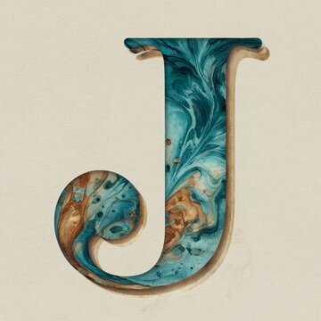 Artistic Letter J Initial Watercolor Abstract Blue Teal Marbled Design Typography Calligraphy Background