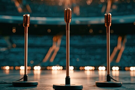 Three vintage microphones on stands in a dimly lit, atmospheric performance space
