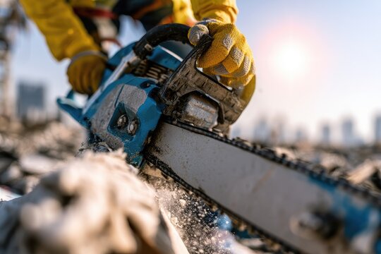 Close-up of a person in yellow jacket operating a chainsaw