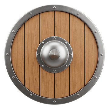 Round wooden shield with metallic rim and central boss defense equipment On  transparent background