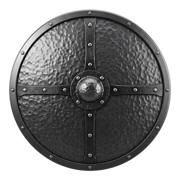 Circular hammered steel medieval shield with reinforced cross metal bracing On  transparent background