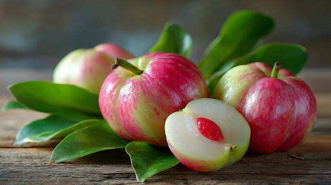 Fresh rose apples with glossy green to pink skin, one fruit cut open revealing white flesh and seed on a wooden surface.