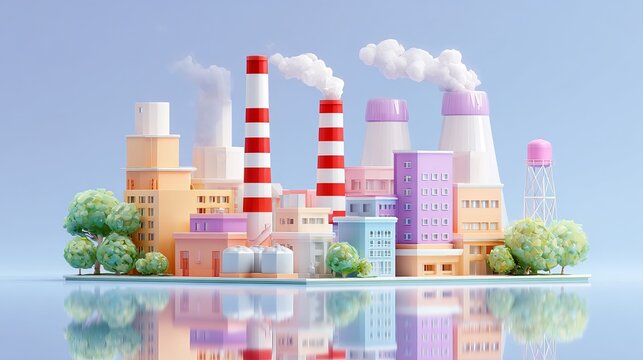 Stylized 3d industrial factory complex with pastel buildings, smokestacks, storage tanks and geometric trees on a light blue background.