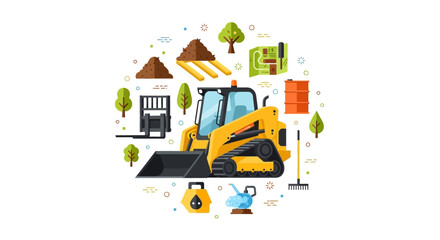 Fototapeta premium Skid Steer Loader Vector Illustration with Landscaping and Construction Service Icons