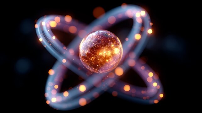 Futuristic atomic structure with glowing nucleus and orbiting electrons, luminous subatomic particles creating a detailed scientific visualization.
