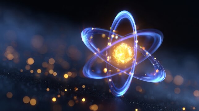 Futuristic atomic structure with glowing nucleus and orbiting electrons, luminous subatomic particles creating a detailed scientific visualization.
