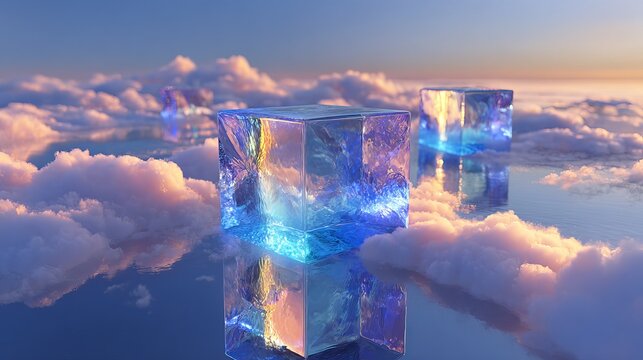 Transparent glass cubes with glowing blue edges floating among soft clouds, creating a futuristic ethereal scene with reflective depth.