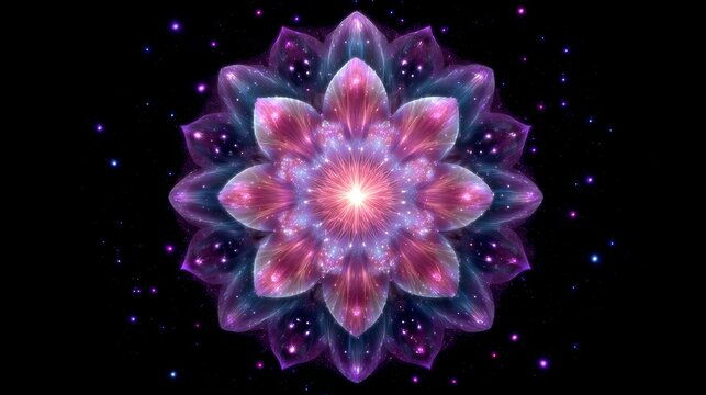 Glowing blue and purple geometric star mandala with luminous lines and intricate symmetry against a deep black background.