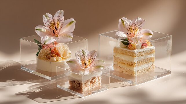 Floral cream desserts with delicate lily flowers inside transparent acrylic boxes, elegant pastel display for luxury dessert design.