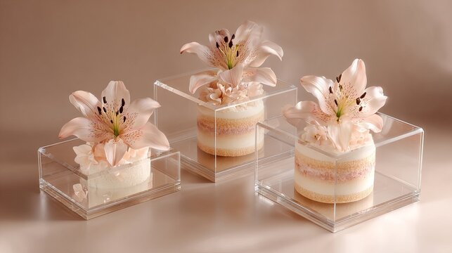 Floral cream desserts with delicate lily flowers inside transparent acrylic boxes, elegant pastel display for luxury dessert design.