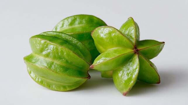 Three green Sacha Inchi pods with star-shaped lobes, vibrant tropical fruit texture and natural symmetry on a clean.