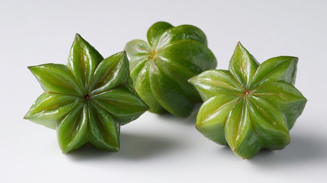 Three green Sacha Inchi pods with star-shaped lobes, vibrant tropical fruit texture and natural symmetry on a clean.