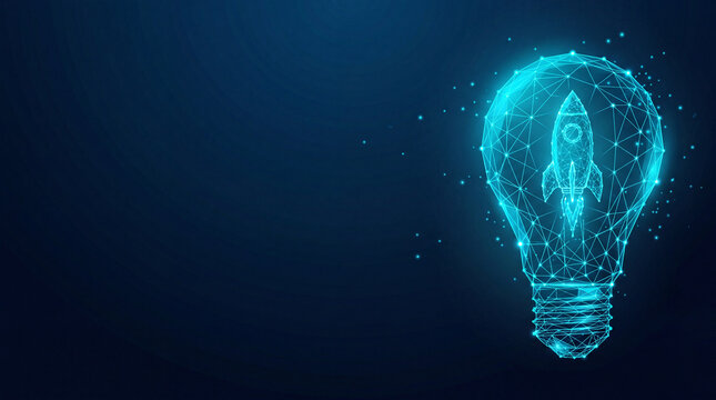 Transparent background glowing lightbulb starting up a rocket business launch and successful innovation ideas concept on a clear alpha channel for corporate web design