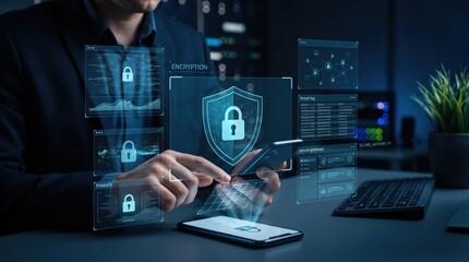 Fototapeta premium Cyber security encryption concept on smartphone with digital shield icon, mobile data protection and privacy safety network technology interface display