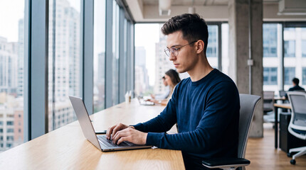 Fototapeta premium Young professional businessman working on laptop computer sitting at wooden desk near office window with modern city skyline view for technology business corporate concept