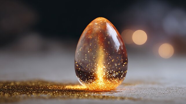 Transparent golden egg with glowing particles and radiant light, mystical sparkling object on a dark bokeh background.