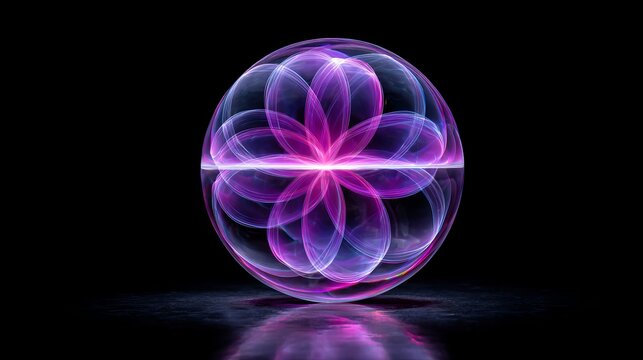 Transparent sphere with glowing purple and pink symmetrical light patterns, luminous flower-like geometry on a reflective dark surface.