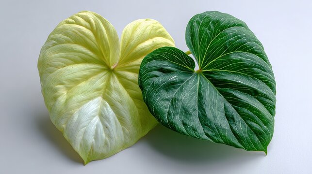 Two heart shaped leaves in contrasting green tones, detailed veins and natural textures highlighting plant diversity and botanical beauty.