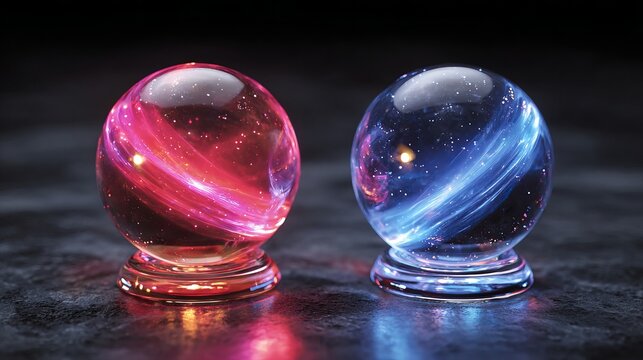 Glowing red and blue spheres with luminous orbital rings and sparkling particles, futuristic energy visualization symbolizing balance.