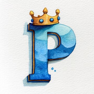 Watercolor Letter P with Crown Royal Blue Splash Artistic Design Typography Initial