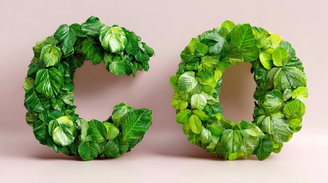 Leaf letters C and O made from vibrant green foliage, natural eco friendly design representing sustainability and environmental awareness.