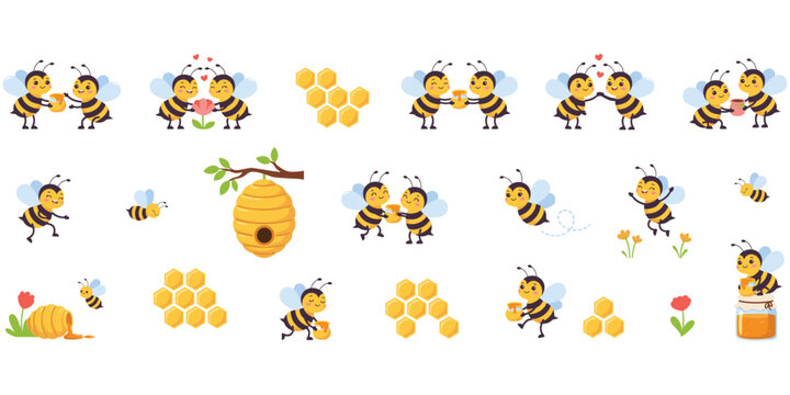 Playful honey bees, colorful flowers, nectar collection, honey jars, honeycomb patterns, dancing insects, cheerful beehive scene, educational cartoon artwork, flat vector illustration