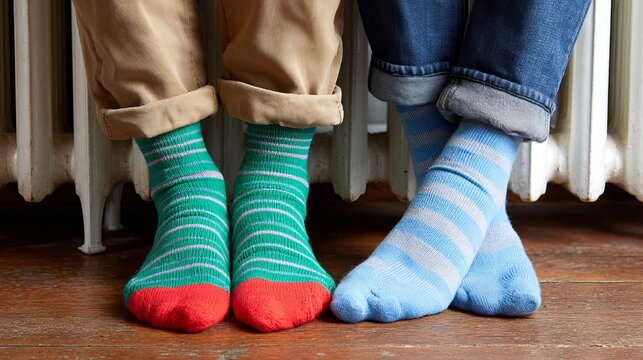 Colorful socks resting beside a white radiator on wooden floor, cozy winter comfort scene with warm indoor atmosphere.