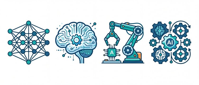 Modern flat vector illustrations depicting artificial intelligence machine learning and robotics concepts ideal for technology and innovation designs