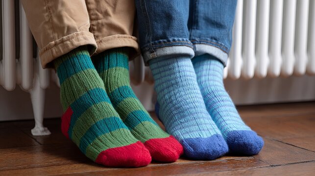 Colorful socks resting beside a white radiator on wooden floor, cozy winter comfort scene with warm indoor atmosphere.