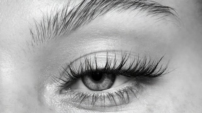Close-Up Black and White Eye Image Highlighting Human Detail and Curved Eyelashes