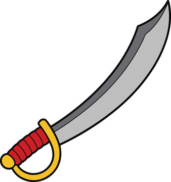 Boldly curved scimitar with gleaming silver blade and golden knuckle guard wrapped in red cord, dynamic cartoon weapon pose, clean flat vector illustration
