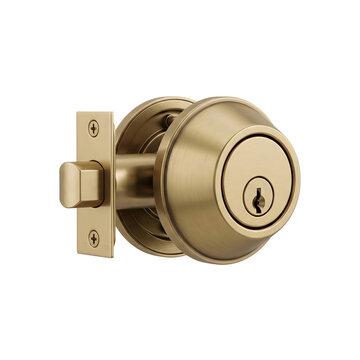 Modern brushed brass cylindrical deadbolt lock mechanism for residential door security On  transparent background