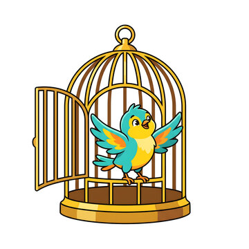 bird escaping from an open golden cage vector clipart isolated on white background