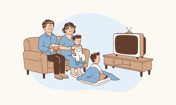Generations Together Watching Movie with Elders Creating Memories Vector