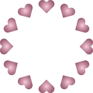 Rose gold hearts arranged in a circular frame. Elegant mauve gradient heart wreath on white background. Romantic border design for Valentine Day or wedding.