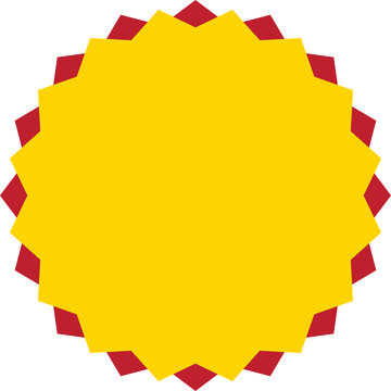 Yellow and red starburst badge vector on white background. Blank jagged circular sticker template for promotions. Layered geometric rosette seal representing a discount offer.