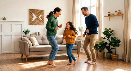 Fototapeta premium Happy Family Dancing Together in Living Room at Home