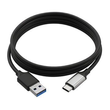 Coiled black usb type c to usb a charging cable connector peripheral accessory On  transparent background