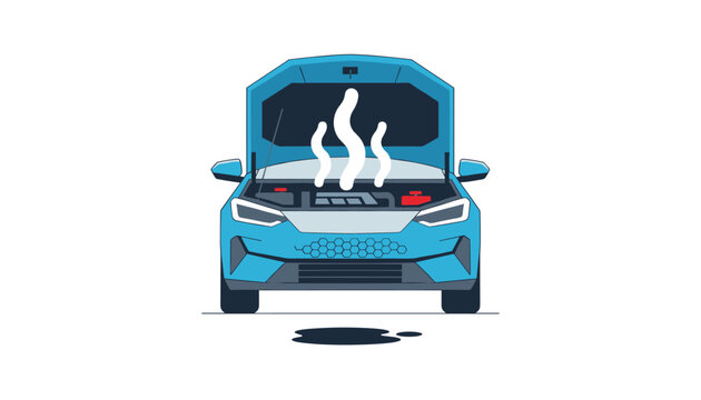 Blue modern car with an overheated engine showing steam rising from the open hood and a puddle of coolant underneath.