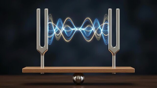 Tuning fork and energy concept ,Tuning fork sound wave vibration frequency experiment with metal forks wooden base showing