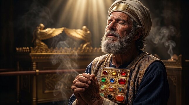 Biblical High Priest Aaron praying in the Holy of Holies. Old man wearing the sacred Hoshen breastplate with 12 stones. Ark of the Covenant, divine light and incense smoke in the background. Religion.