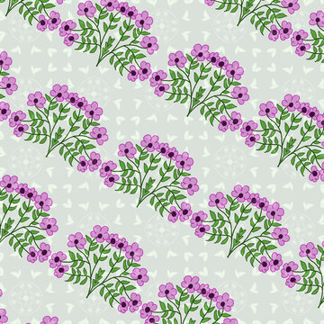 Seamless purple floral pattern on soft green textured background